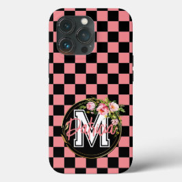 Monogram zwart en ROZE Geruite Bloem iPhone 13 Pro Hoesje