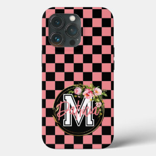 Monogram zwart en ROZE Geruite Bloem iPhone 13 Pro Hoesje