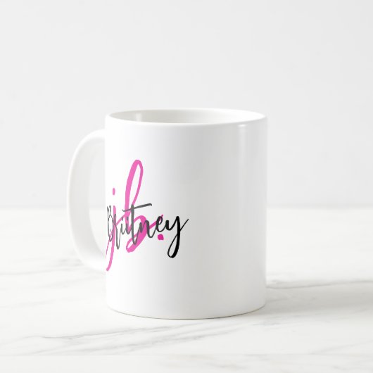 Monogram zwart en roze script koffiemok (Voorkant links)