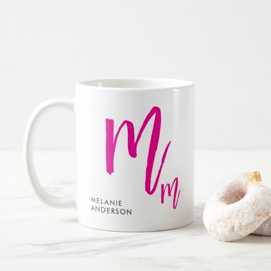 Monogram zwart en roze script koffiemok (Met donut)