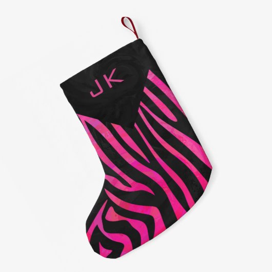 Monogram zwart en warm roze Zebra Kleine Kerstsok (Achterkant (Hangend))