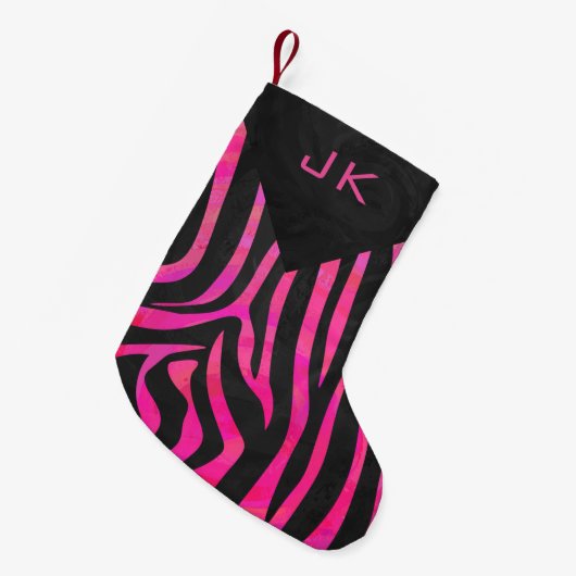 Monogram zwart en warm roze Zebra Kleine Kerstsok (Voorkant (Hangend))