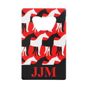 Monogram Zwart en Wit Overlappende Paarden Rood Kredietkaart Flessenopener
