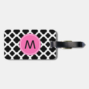 Monogram zwart en wit Quatrefoil met Hot Pink Bagagelabel