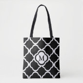 Monogram zwart en wit Quatrefoil patroon Draagtas (Voorkant)