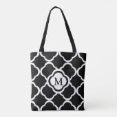 Monogram zwart en wit Quatrefoil patroon Draagtas (Achterkant)