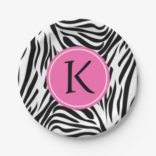 Monogram zwart en witte Zebra Druk met Hot Pink Papieren Bordje