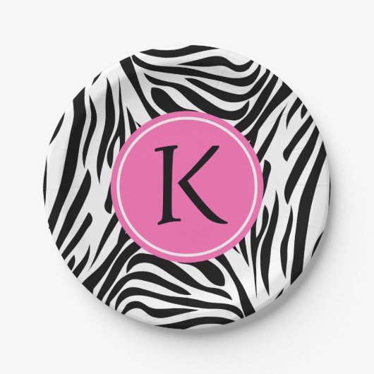 Monogram zwart en witte Zebra Druk met Hot Pink Papieren Bordje (Voorkant)