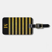 Monogram Zwart / Faux Gold Glitter Stripe Bagagelabel (Voorkant horizontaal)
