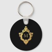 Monogram Zwart Faux Goud Elegant  Crest Sleutelhanger (Voorkant)