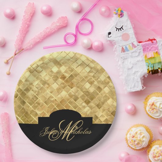 Monogram Zwart & Goud 50e Jubileum Borden Papieren Bordje (Feest)