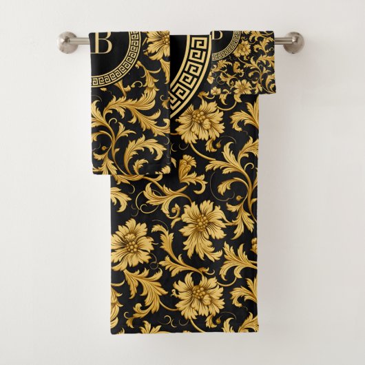 Monogram Zwart Goud Classy Elegant Patroon Bad Handdoek (Insitu)