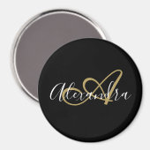 Monogram Zwart Goud Elegant Script Naam Magneet (Voorkant / Achterkant)