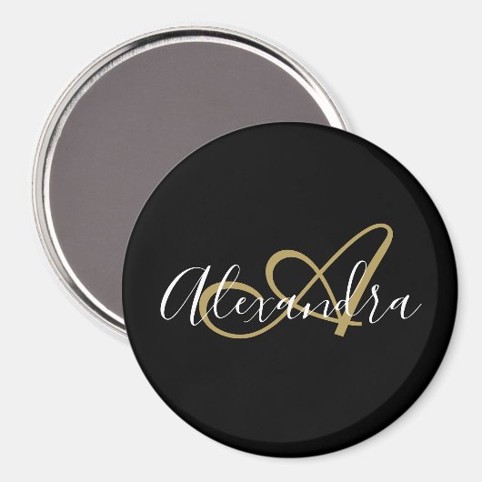 Monogram Zwart Goud Elegant Script Naam Magneet (Voorkant / Achterkant)