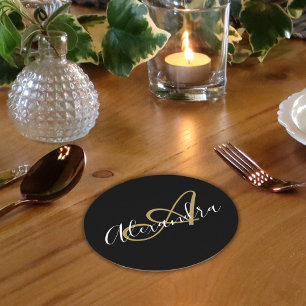Monogram Zwart Goud Elegant Script Naam Ronde Kartonnen Onderzetter