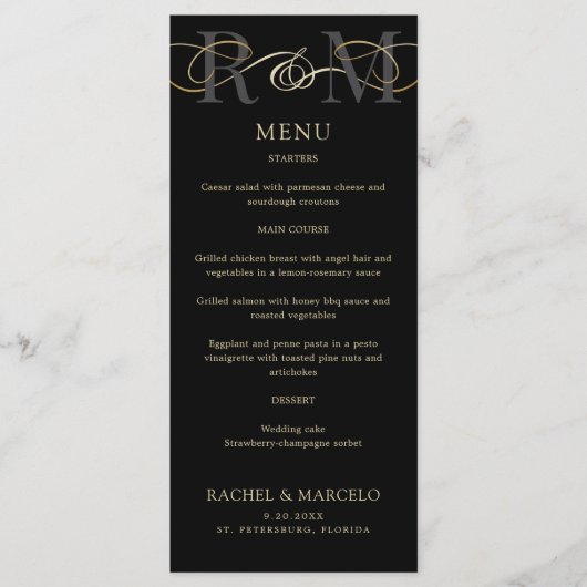 Monogram Zwart Goud Elegant Trouwmenu Menu (Voorkant)