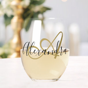 Monogram Zwart Goud Elegante Script Naam Wijnglas Zonder Voet