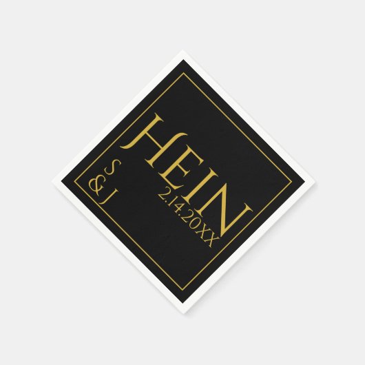 Monogram Zwart Goud Initialen Datum bruiloft Servet (Hoek)