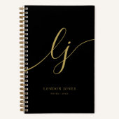 Monogram Zwart Goud Kalligrafie Script 2 Initialen Notitieboek (Voorkant)