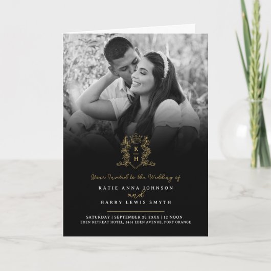 Monogram zwart goud kroon bruiloft maaltijd optie  (Voorkant)