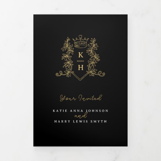 Monogram zwart goud kroon bruiloft maaltijd optie  drieluik uitnodiging (Cover)