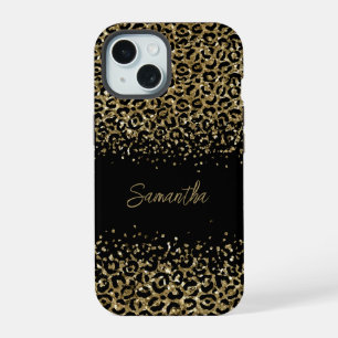 Monogram Zwart Goud Luipaard Print Stijlvol Chique iPhone 15 Hoesje