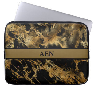 Monogram Zwart Goud Marmer Agate Modern Trendy Laptop Sleeve