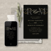 Monogram Zwart Goud Minimalistische QR Code Trouwe Kaart