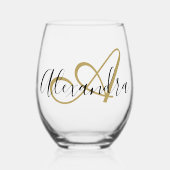 Monogram Zwart Gouden Elegante Script Naam Wijnglas Zonder Voet (Voorkant)