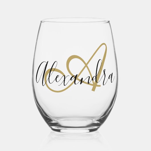 Monogram Zwart Gouden Elegante Script Naam Wijnglas Zonder Voet (Voorkant)