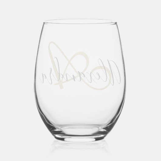 Monogram Zwart Gouden Elegante Script Naam Wijnglas Zonder Voet (Achterkant)