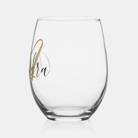 Monogram Zwart Gouden Elegante Script Naam Wijnglas Zonder Voet (Links)