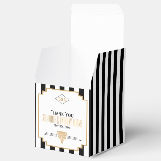 Monogram zwart, gouden en witte kunst Deco Wedding Bedankdoosjes (Geopend)