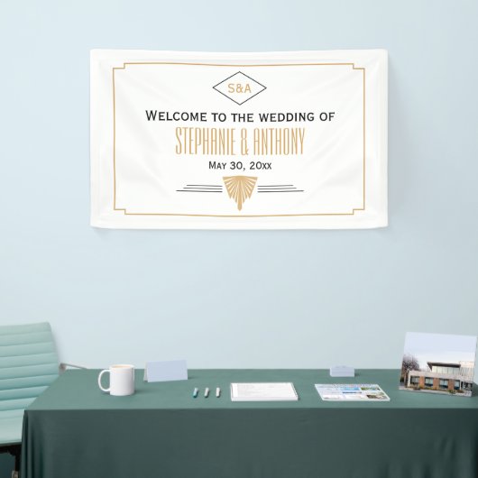 Monogram zwart, gouden en witte kunst Deco Wedding Spandoek (Beurs)