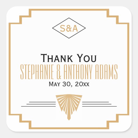 Monogram zwart, gouden en witte kunst Deco Wedding Vierkante Sticker (Voorkant)