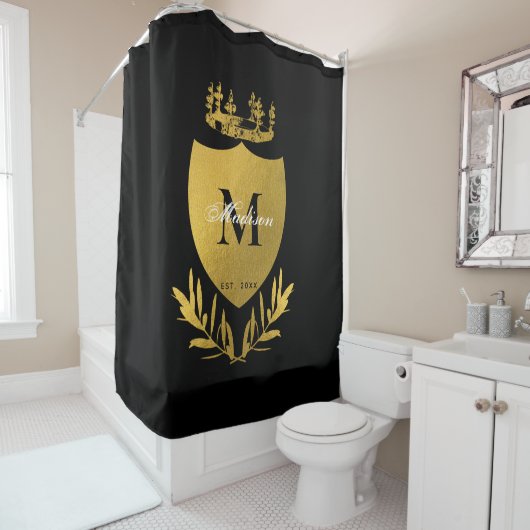 Monogram zwart-gouden koninklijk emblem douchegordijn (In situ)