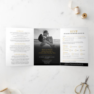 Monogram zwart goudkleurig blad huwelijksmaal opti drieluik uitnodiging