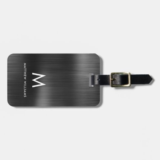 Monogram zwart grijs Faux metaal staal gestileerd  Bagagelabel (Voorkant horizontaal)