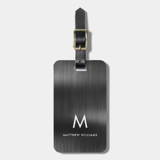 Monogram zwart grijs Faux metaal staal gestileerd  Bagagelabel (Voorkant verticaal)