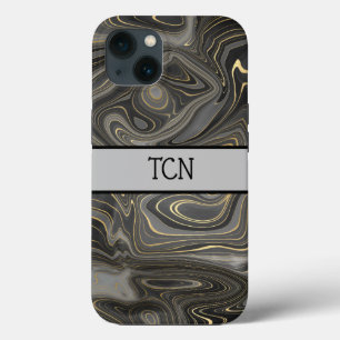 Monogram Zwart Grijs Goud Marmer Agaat Strata iPhone 13 Hoesje