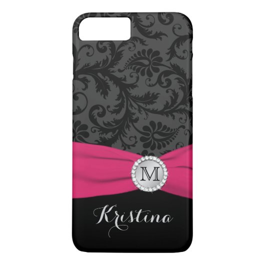 Monogram zwart, grijs, roze Damask iPhone 7 Hoesje (Achterkant)