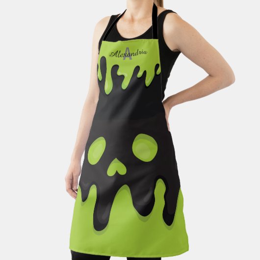 Monogram Zwart Jack o' Lantern Groen Halloween Schort (Insitu)
