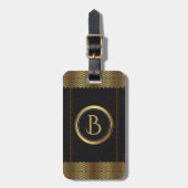 Monogram zwart lederen gouden rand bagagelabel (Voorkant verticaal)