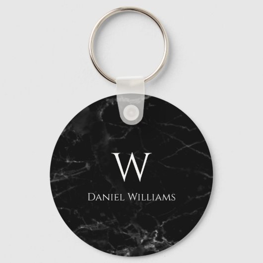 Monogram zwart marmer modern wit initiële naam sleutelhanger (Voorkant)