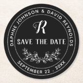 monogram zwart, met de vermelding Datum opslaan Ronde Kartonnen Onderzetter (Voorkant)