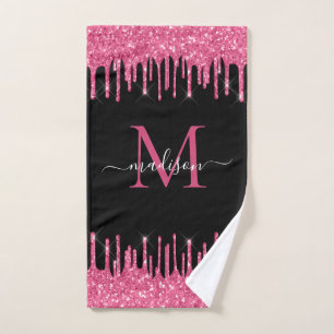 Monogram zwart Metallic Hot Pink Driping Glitter Handdoek