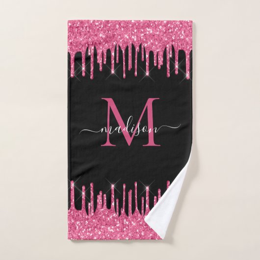 Monogram Zwart Metallic Hot Pink Dripping Glitter Bad Handdoek (Handdoek)