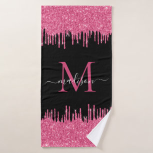 Monogram Zwart Metallic Hot Pink Dripping Glitter Badhanddoek