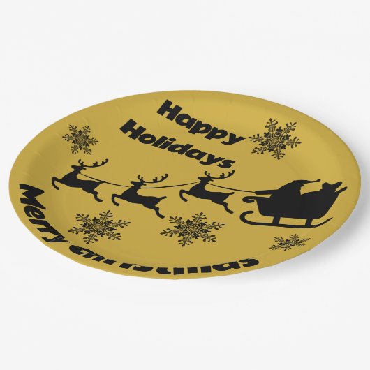 Monogram Zwart op Goud Vrolijk Kerstmis | Papieren Bordje (Gekanteld)