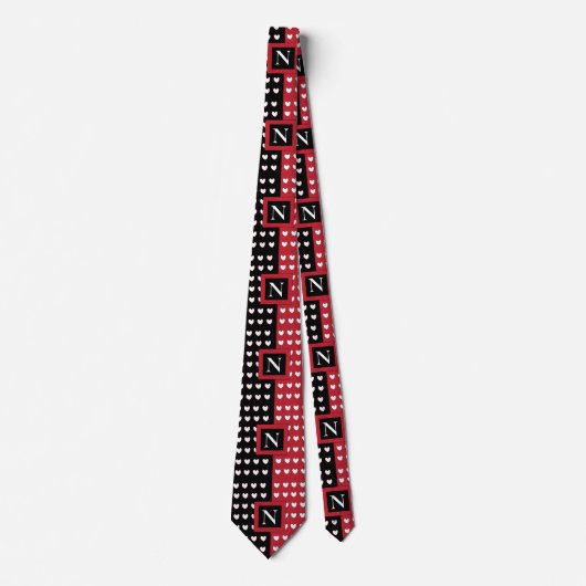 Monogram zwart rood wit hart monogram stropdas (Voorkant)